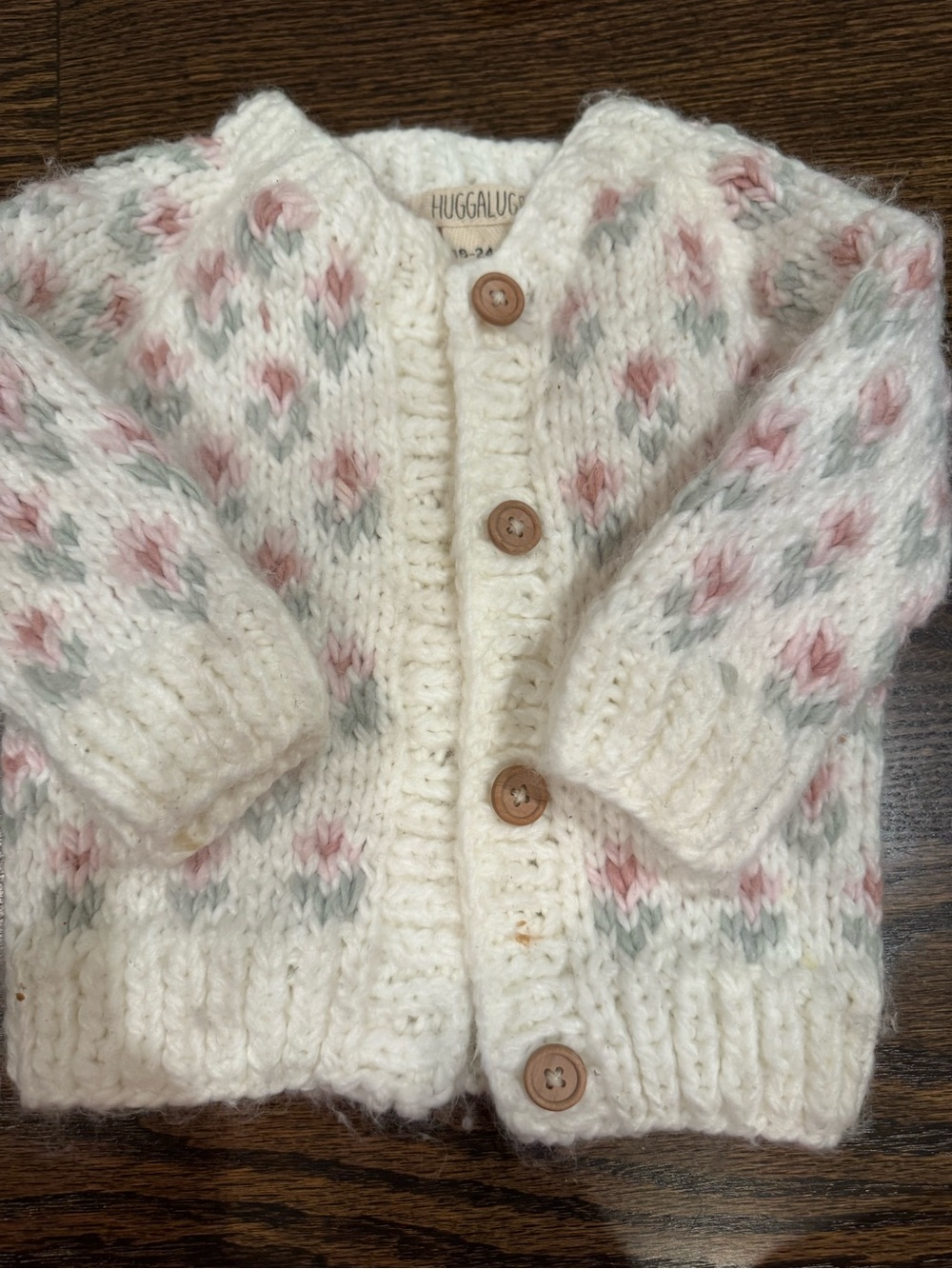 Cream Knit Baby Cardigan with Pink & Sage Pattern